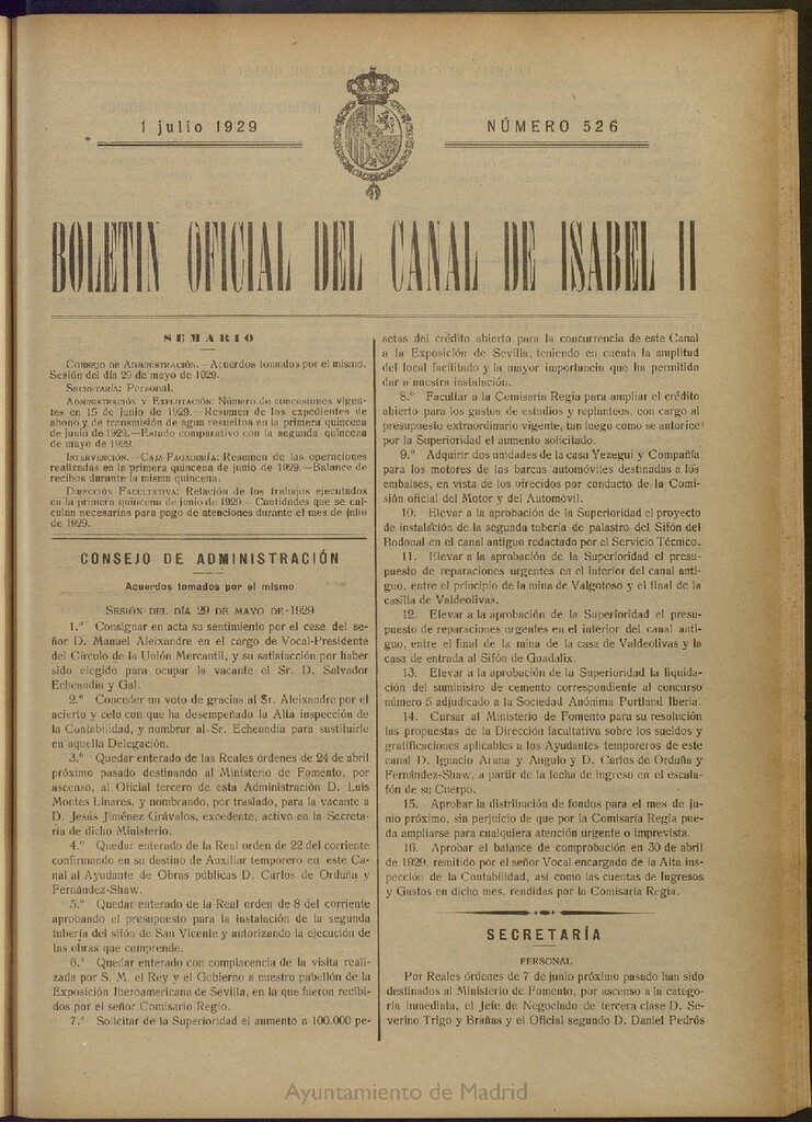 Miniatura de Boletín Oficial del Canal de Isabel II del 1 de julio de 1929, nº 526