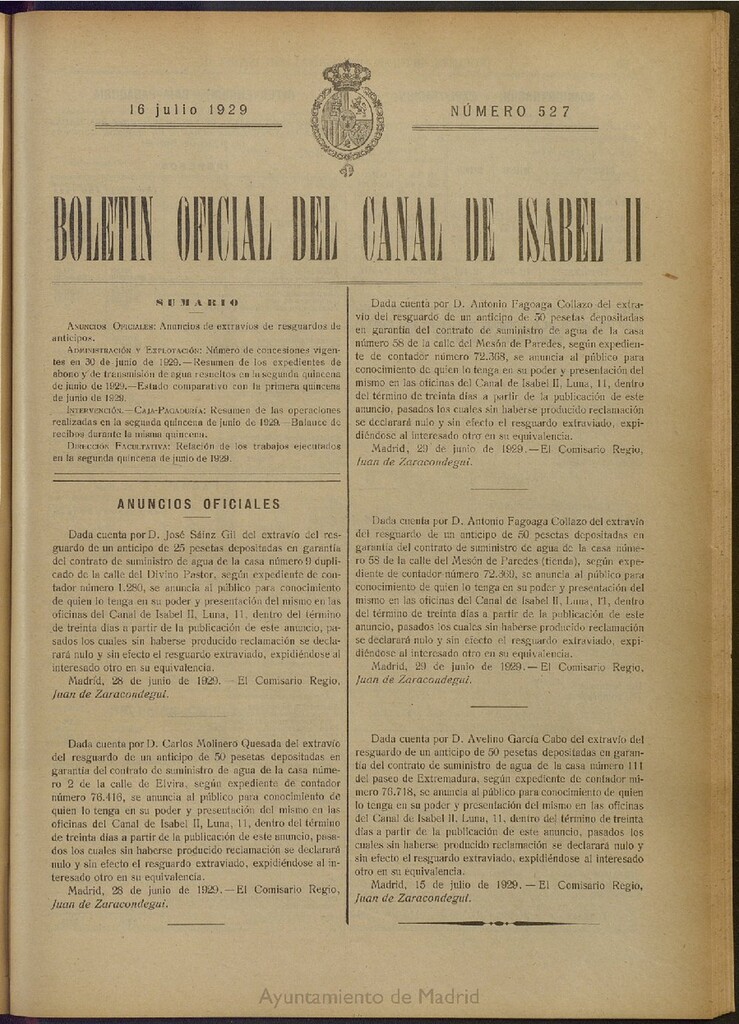 Miniatura de Boletín Oficial del Canal de Isabel II del 16 de julio de 1929, nº 527