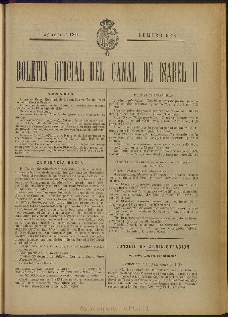 Miniatura de Boletín Oficial del Canal de Isabel II del 1 de agosto de 1929, nº 528