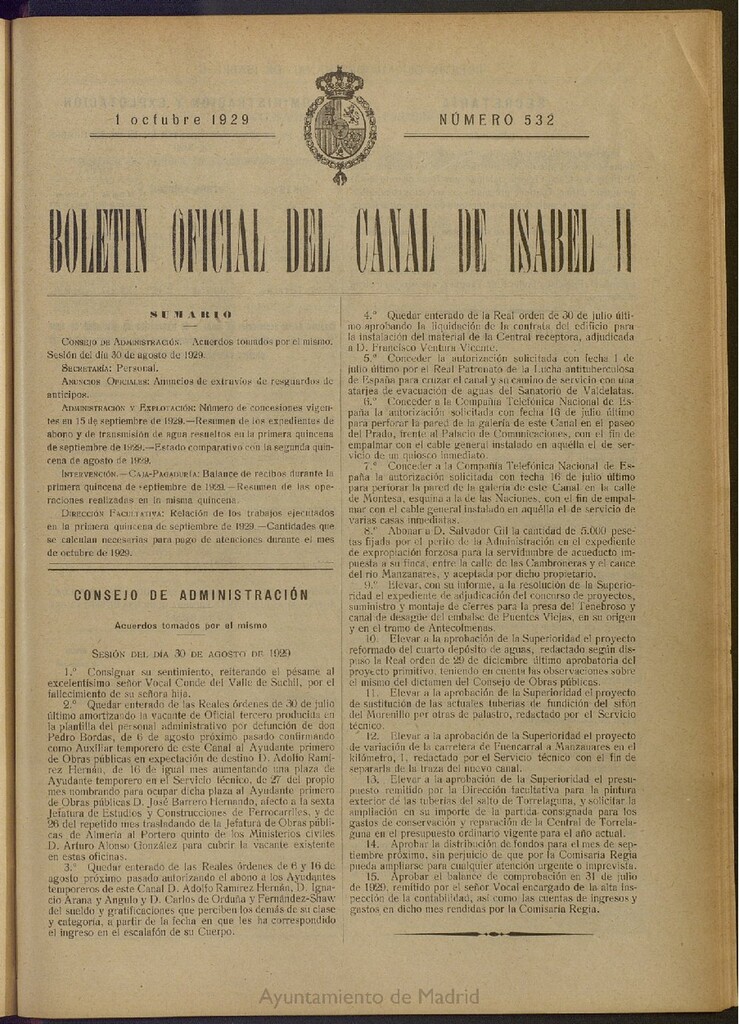 Miniatura de Boletín Oficial del Canal de Isabel II del 1 de octubre de 1929, nº 532