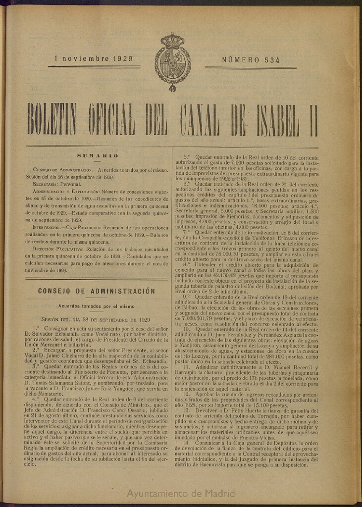 Miniatura de Boletín Oficial del Canal de Isabel II del 1 de noviembre de 1929, nº 534