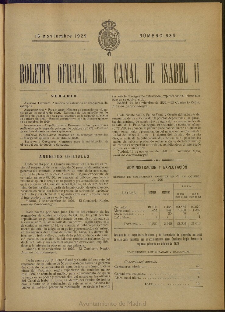 Miniatura de Boletín Oficial del Canal de Isabel II del 16 de noviembre de 1929, nº 535