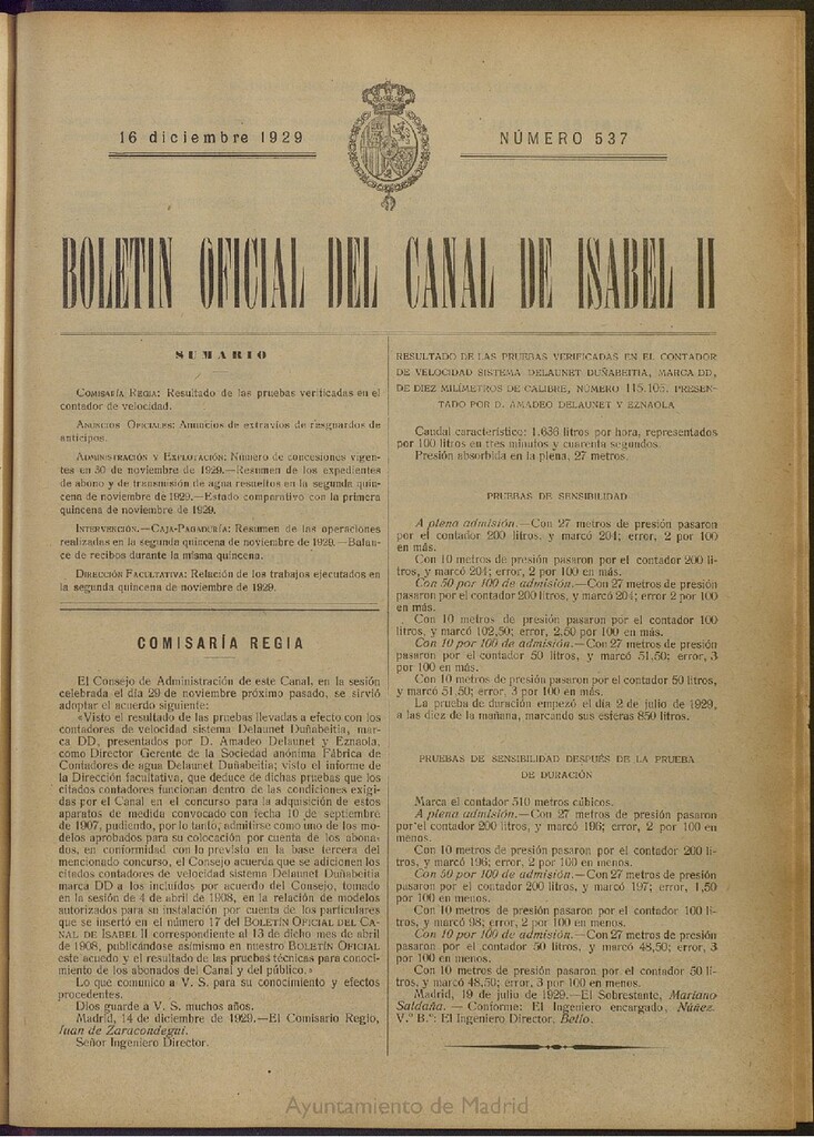 Miniatura de Boletín Oficial del Canal de Isabel II del 16 de diciembre de 1929, nº 537