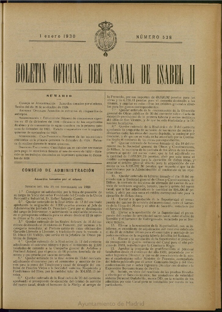 Miniatura de Boletín Oficial del Canal de Isabel II del 1 de enero de 1930, nº 538