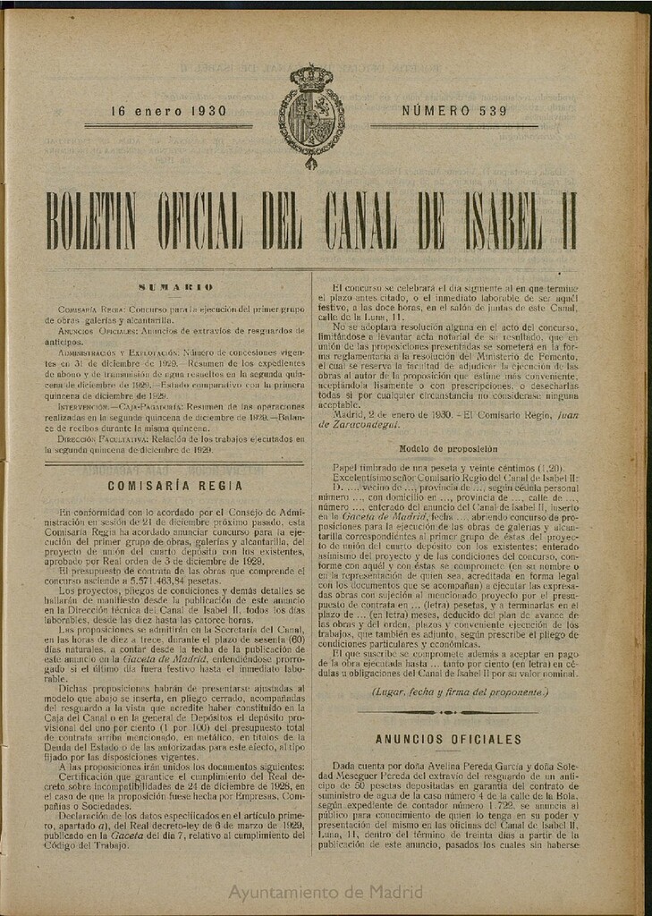 Miniatura de Boletín Oficial del Canal de Isabel II del 16 de enero de 1930, nº 539