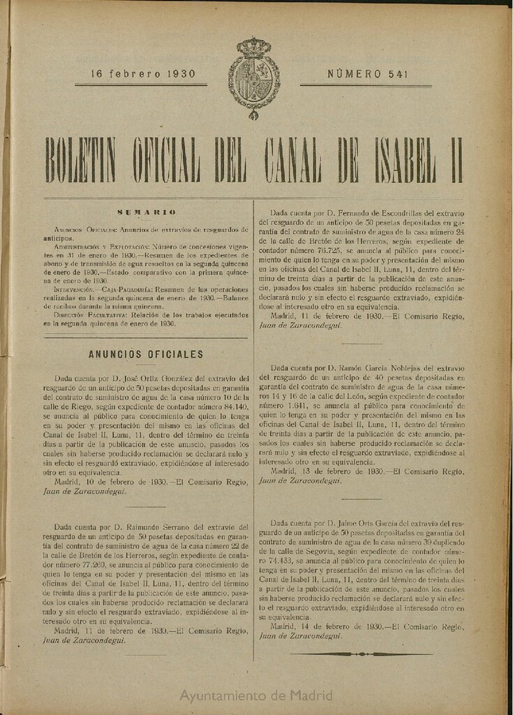 Miniatura de Boletín Oficial del Canal de Isabel II del 16 de febrero de 1930, nº 541