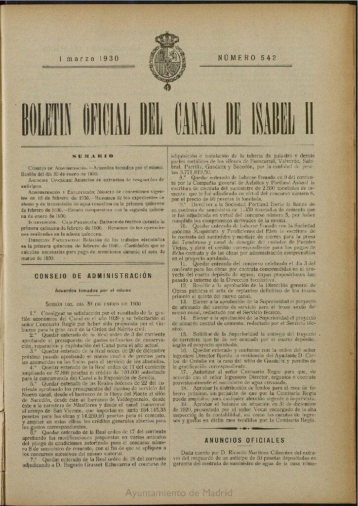Miniatura de Boletín Oficial del Canal de Isabel II del 1 de marzo de 1930, nº 542