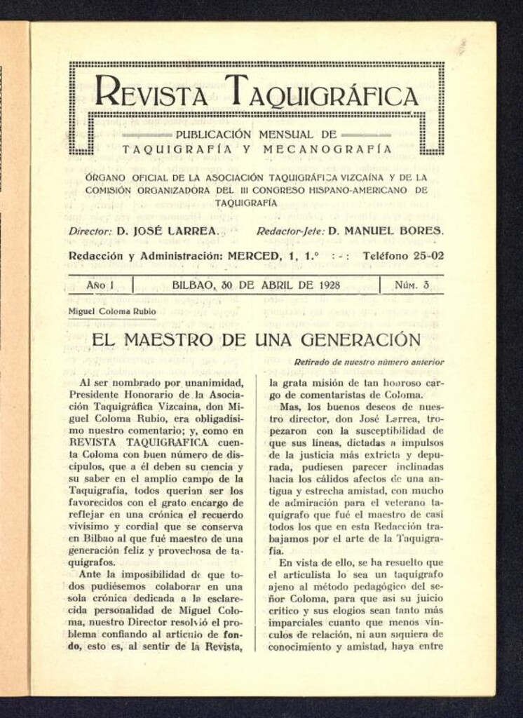 Miniatura de Revista Taquigrafica, Bilbao 30 de abril de 1928, nº 3