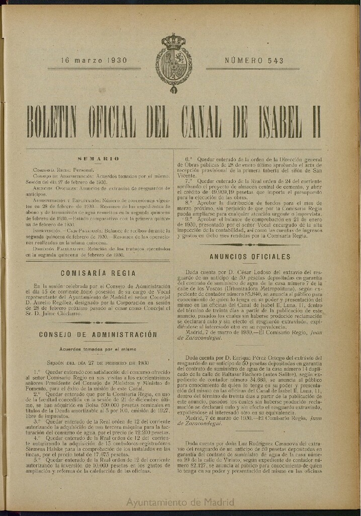 Miniatura de Boletín Oficial del Canal de Isabel II del 16 de marzo de 1930, nº 543