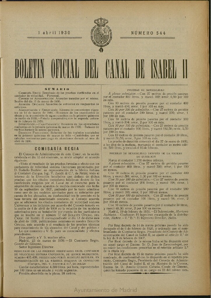 Miniatura de Boletín Oficial del Canal de Isabel II del 1 de abril de 1930, nº 544