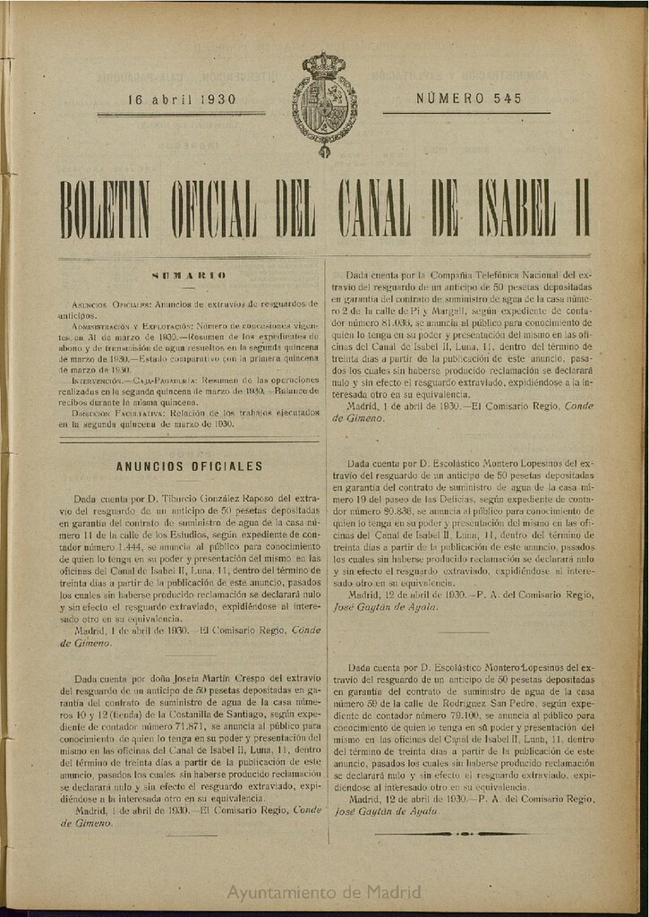 Miniatura de Boletín Oficial del Canal de Isabel II del 16 de abril de 1930, nº 545