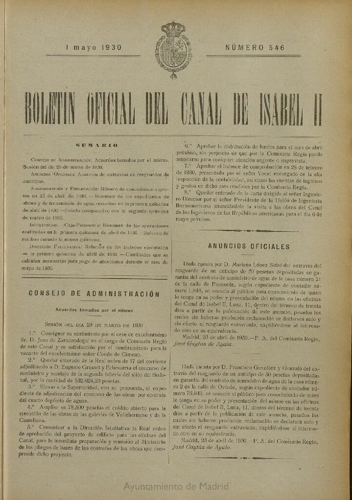 Miniatura de Boletín Oficial del Canal de Isabel II del 1 de mayo de 1930, nº 546