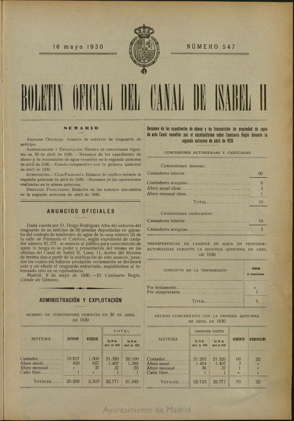 Miniatura de Boletín Oficial del Canal de Isabel II del 16 de mayo de 1930, nº 547