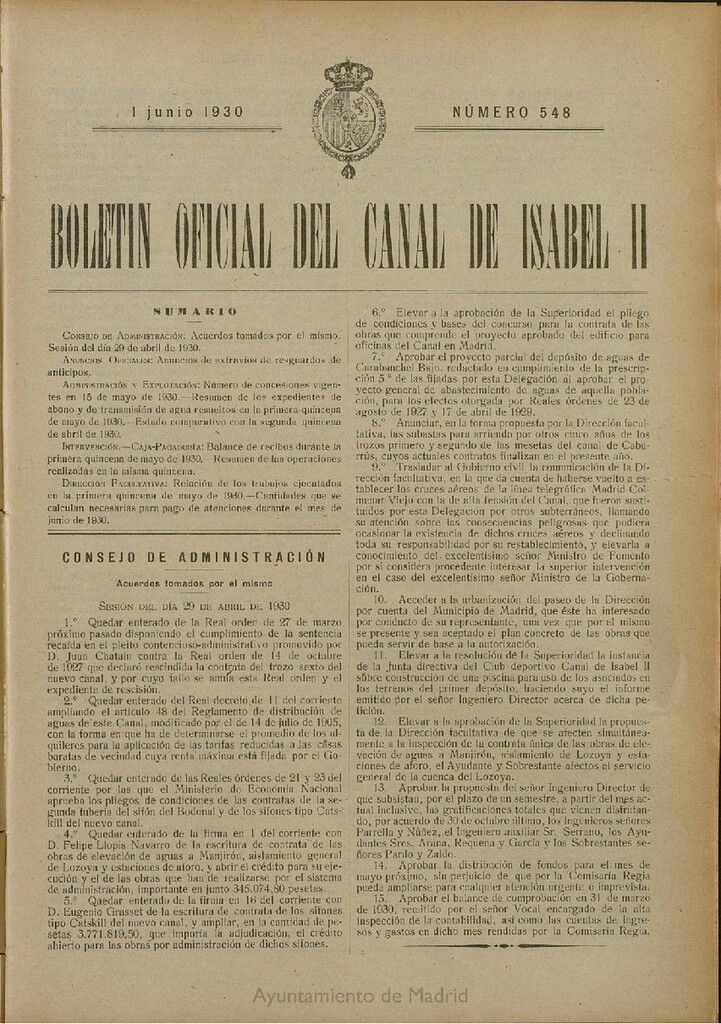 Miniatura de Boletín Oficial del Canal de Isabel II del 1 de junio de 1930, nº 548
