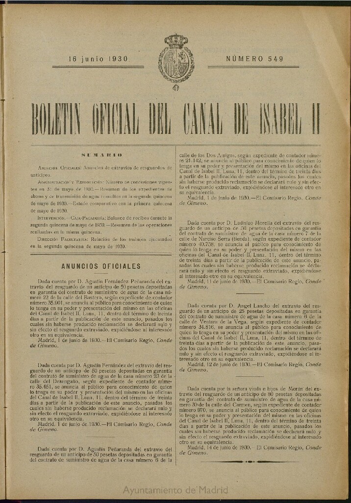 Miniatura de Boletín Oficial del Canal de Isabel II del 16 de junio de 1930, nº 549