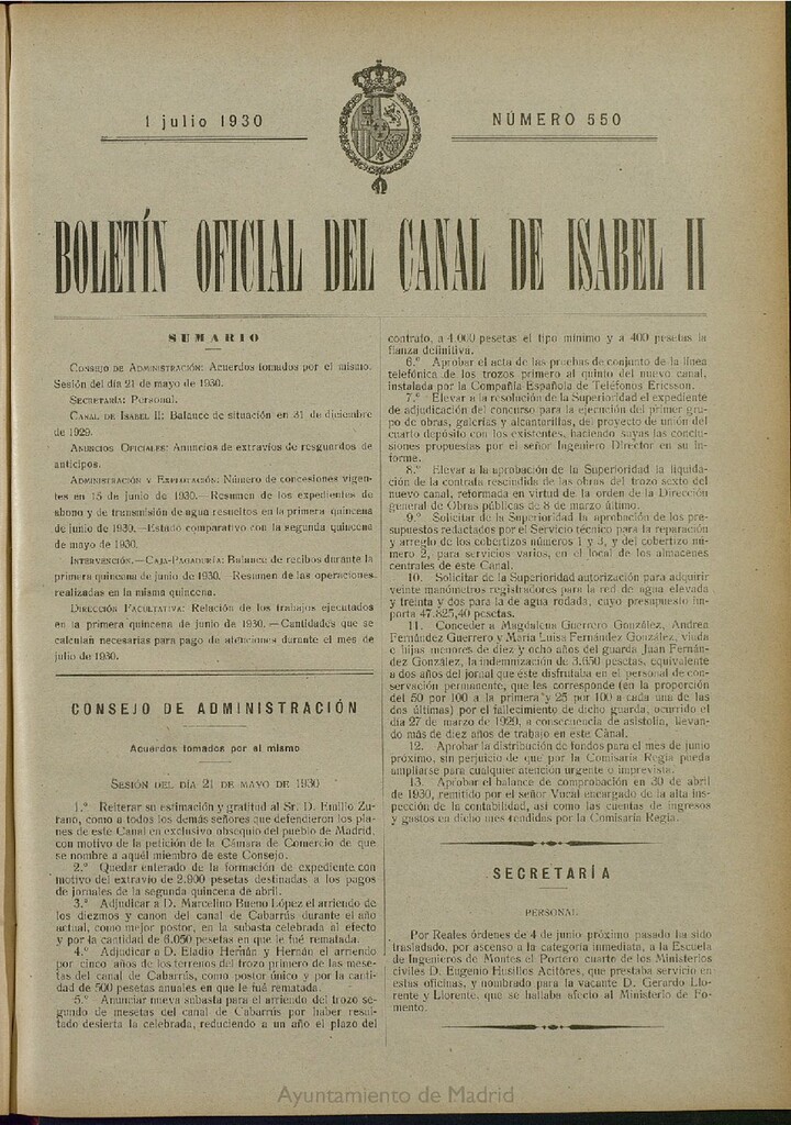 Miniatura de Boletín Oficial del Canal de Isabel II del 1 de julio de 1930, nº 550