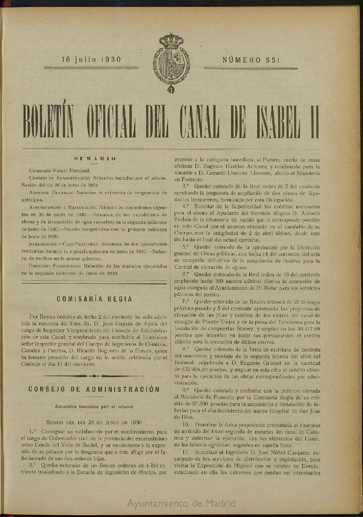 Miniatura de Boletín Oficial del Canal de Isabel II del 16 de julio de 1930, nº 551