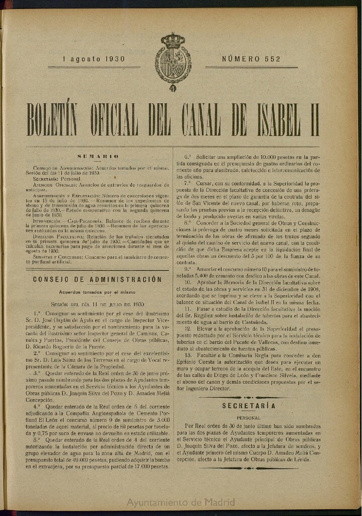 Miniatura de Boletín Oficial del Canal de Isabel II del 1 de agosto de 1930, nº 552