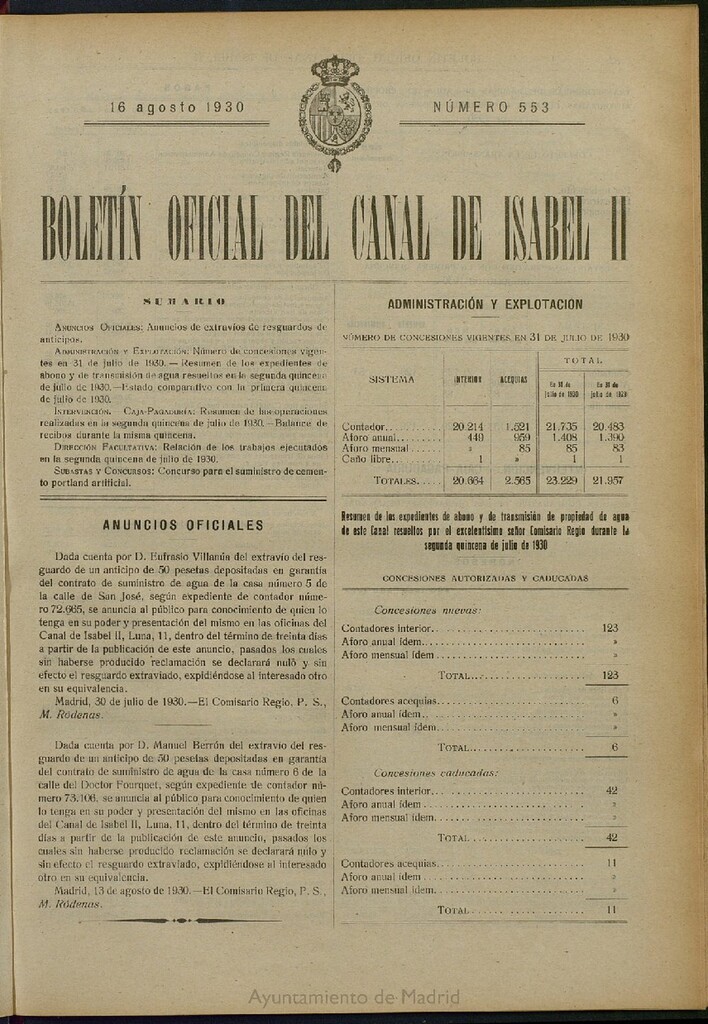 Miniatura de Boletín Oficial del Canal de Isabel II del 16 de agosto de 1930, nº 553