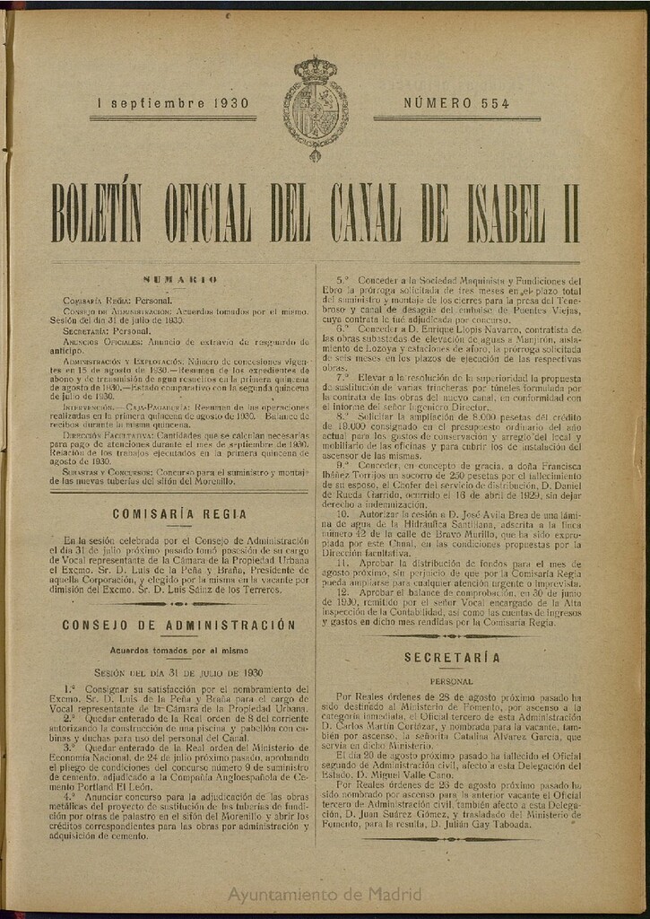 Miniatura de Boletín Oficial del Canal de Isabel II del 1 de septiembre de 1930, nº 554