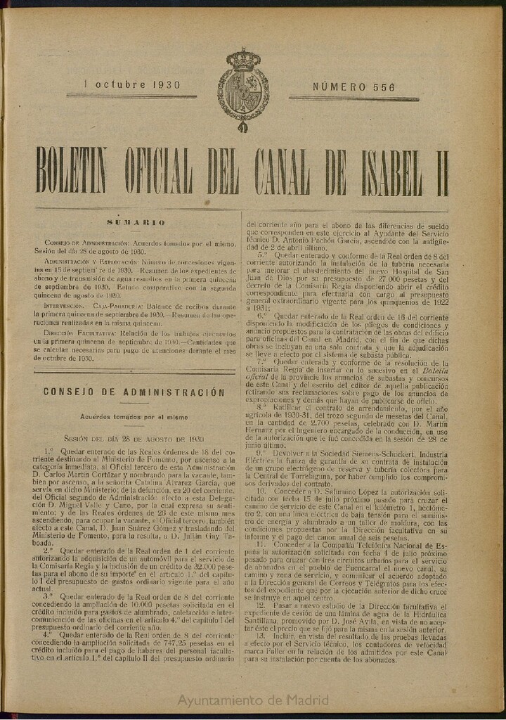 Miniatura de Boletín Oficial del Canal de Isabel II del 1 de octubre de 1930, nº 556