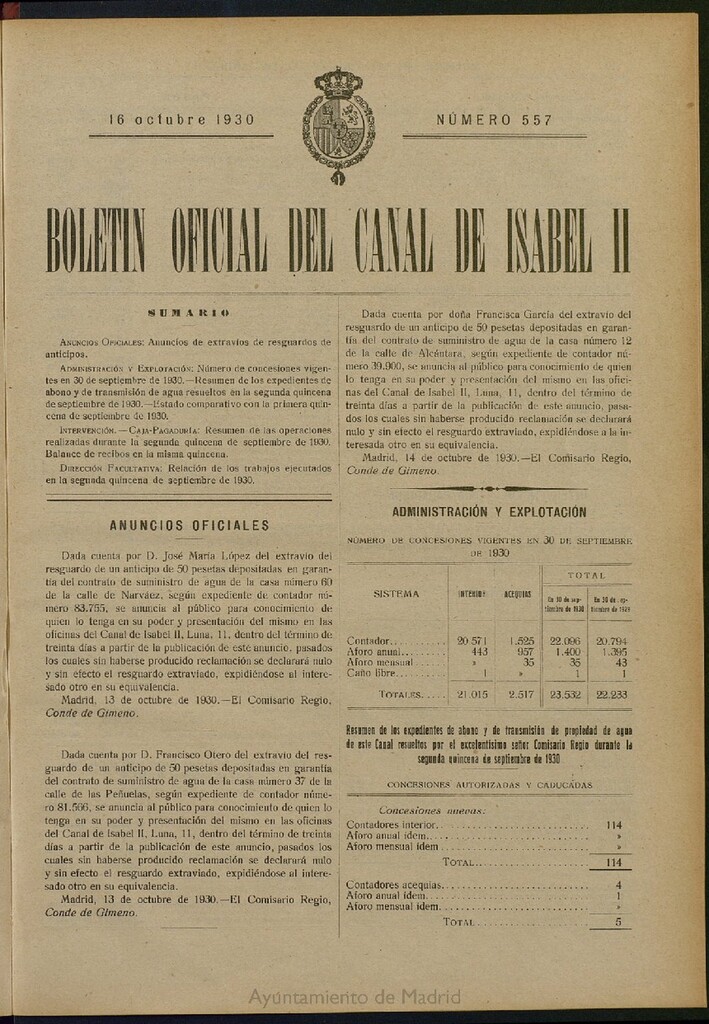 Miniatura de Boletín Oficial del Canal de Isabel II del 16 de octubre de 1930, nº 557