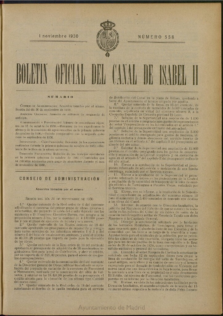 Miniatura de Boletín Oficial del Canal de Isabel II del 1 de noviembre de 1930, nº 558