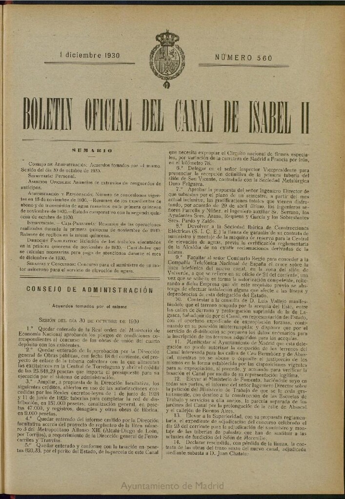 Miniatura de Boletín Oficial del Canal de Isabel II del 1 de diciembre de 1930, nº 560