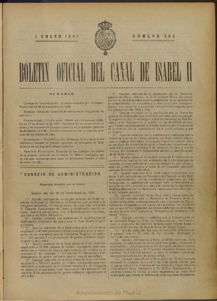 Miniatura de Boletín Oficial del Canal de Isabel II del 1 de enero de 1931, nº 562