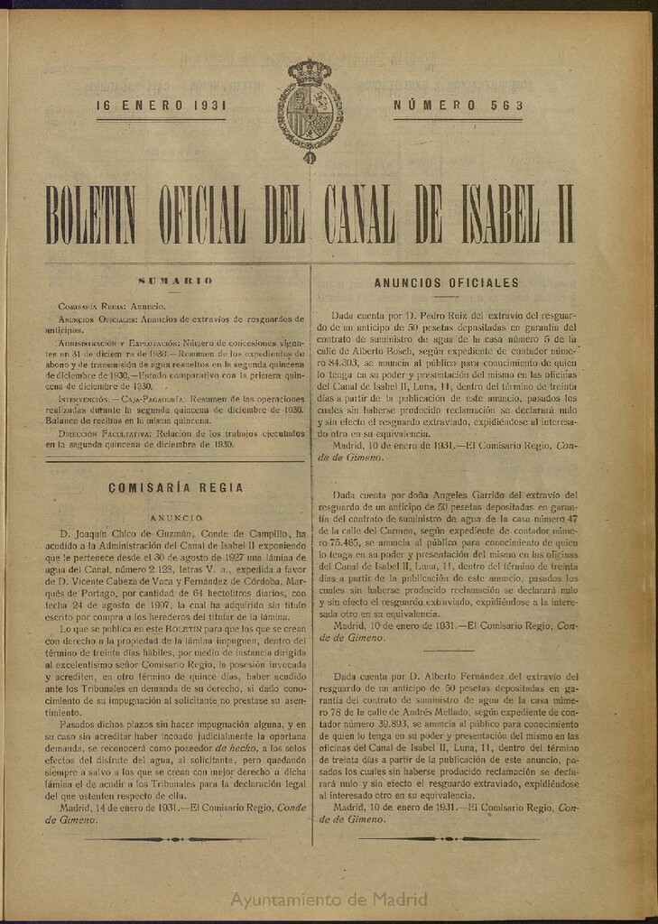 Miniatura de Boletín Oficial del Canal de Isabel II del 16 de enero de 1931, nº 563