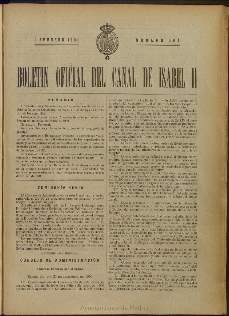 Miniatura de Boletín Oficial del Canal de Isabel II del 1 de febrero de 1931, nº 564