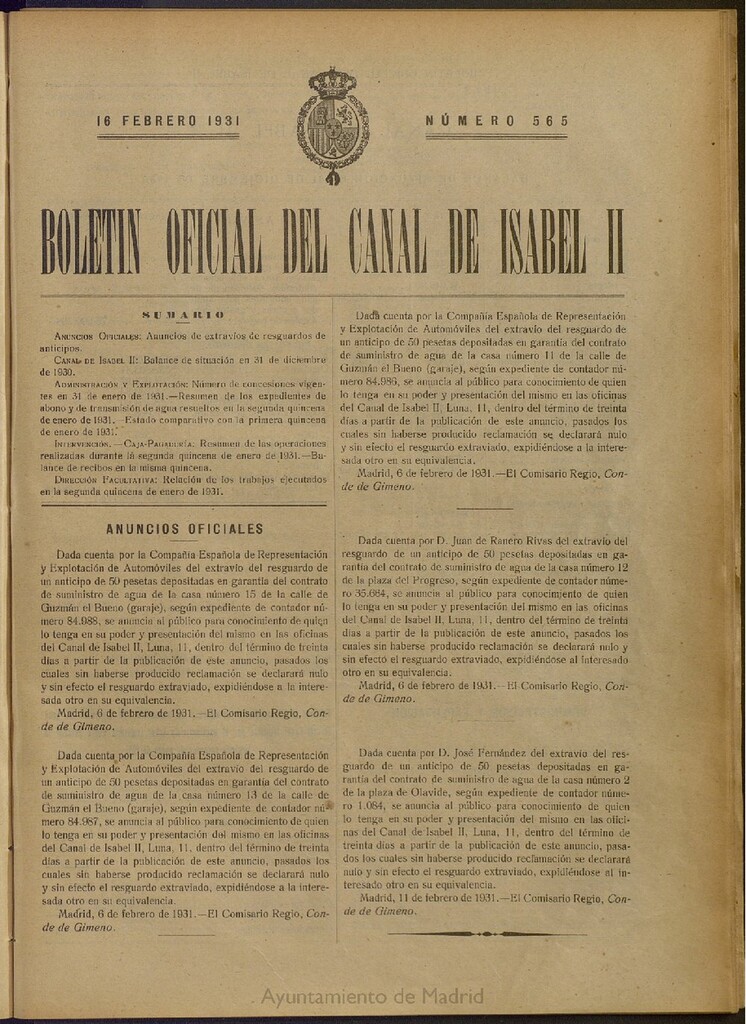 Miniatura de Boletín Oficial del Canal de Isabel II del 16 de febrero de 1931, nº 565
