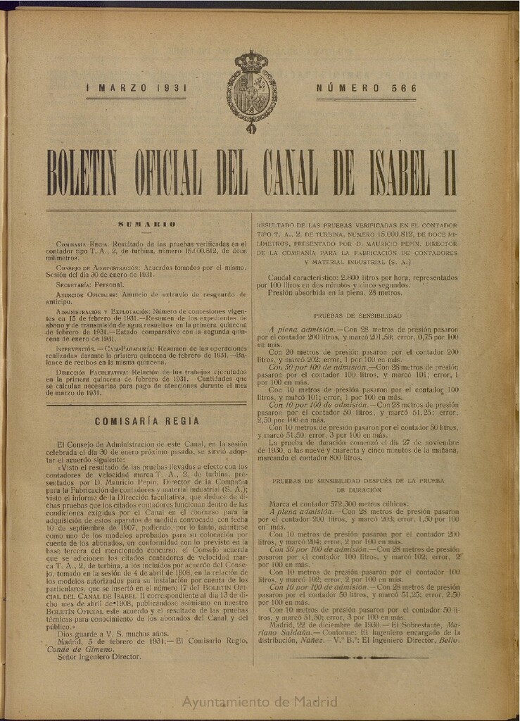 Miniatura de Boletín Oficial del Canal de Isabel II del 1 de marzo de 1931, nº 566