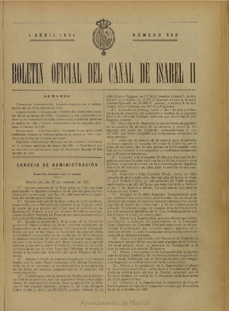 Miniatura de Boletín Oficial del Canal de Isabel II del 1 de abril de 1931, nº 568
