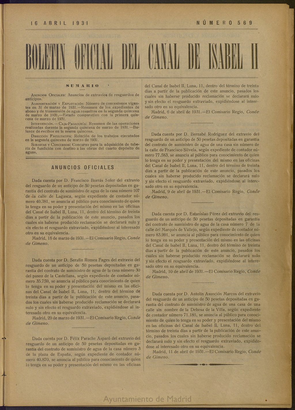 Miniatura de Boletín Oficial del Canal de Isabel II del 16 de abril de 1931, nº 569
