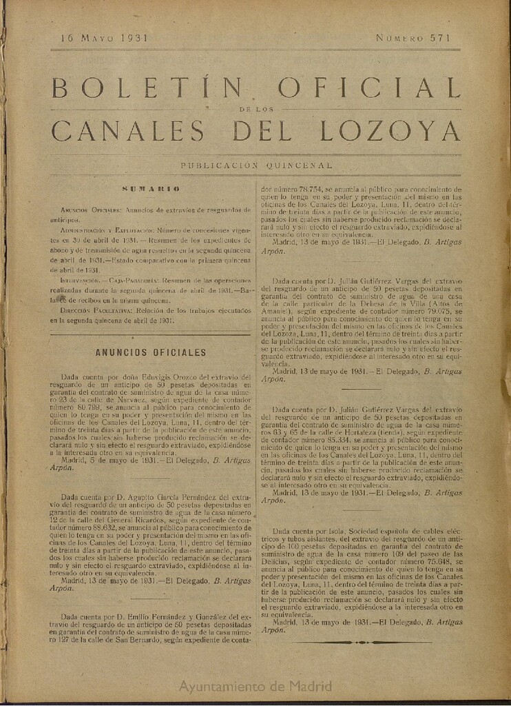 Miniatura de Boletín Oficial de los Canales del Lozoya del 16 de mayo de 1931, nº 571