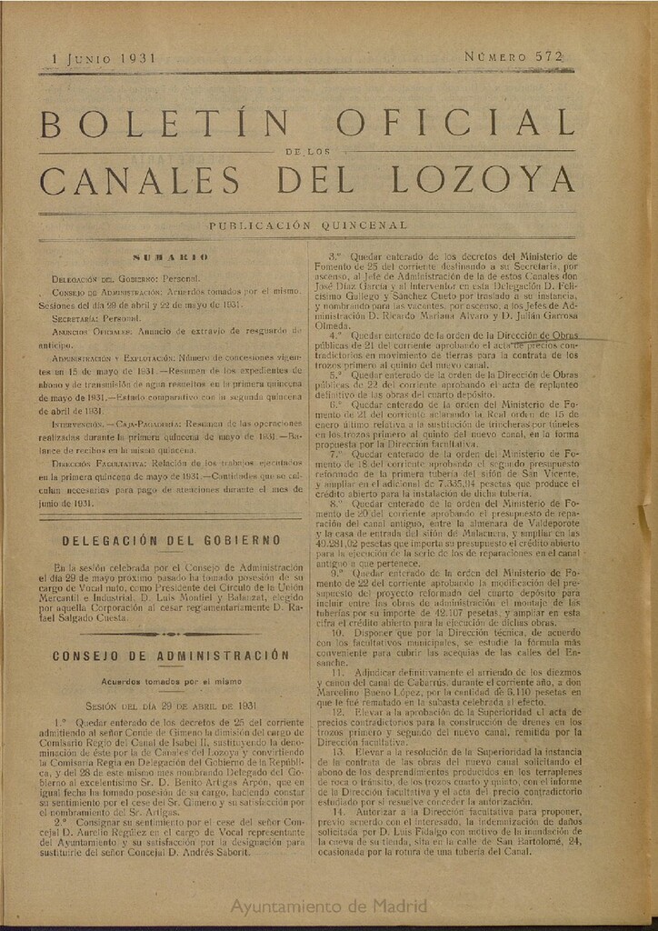 Miniatura de Boletín Oficial de los Canales del Lozoya del 1 de junio de 1931, nº 572