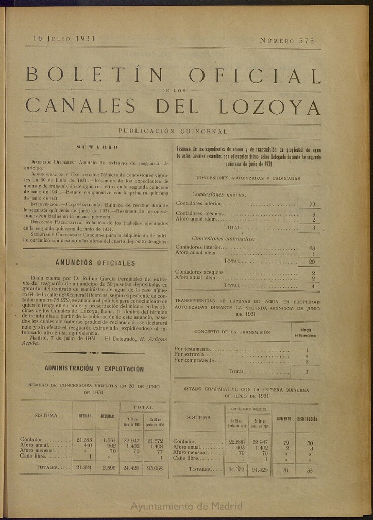 Miniatura de Boletín Oficial de los Canales del Lozoya del 16 de julio de 1931, nº 575