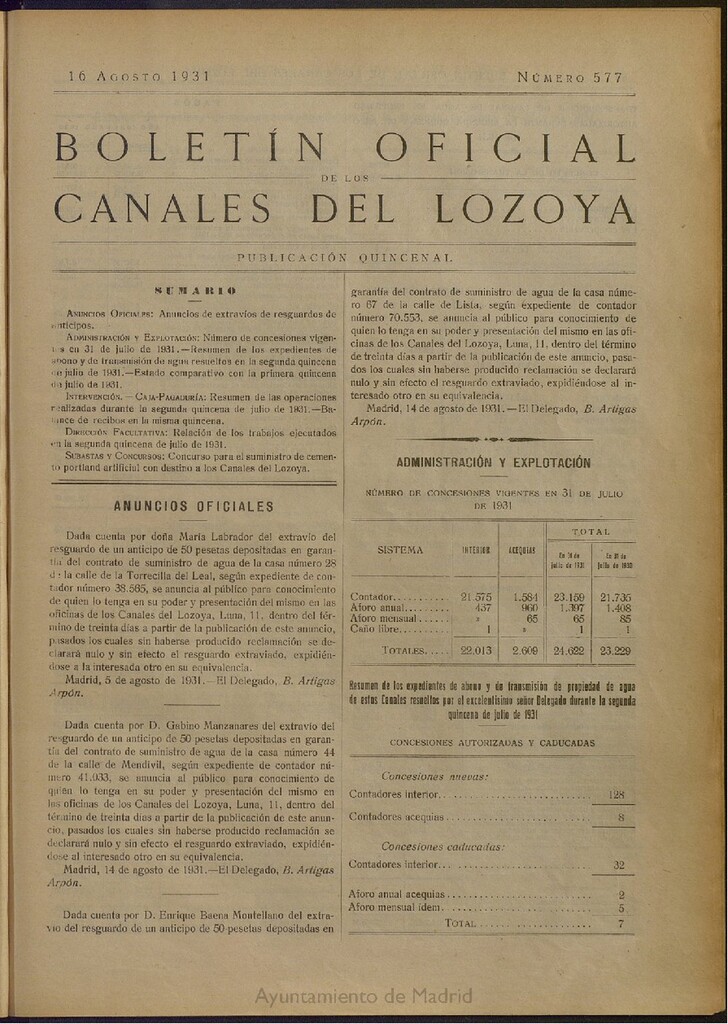 Miniatura de Boletín Oficial de los Canales del Lozoya del 16 de agosto de 1931, nº 577