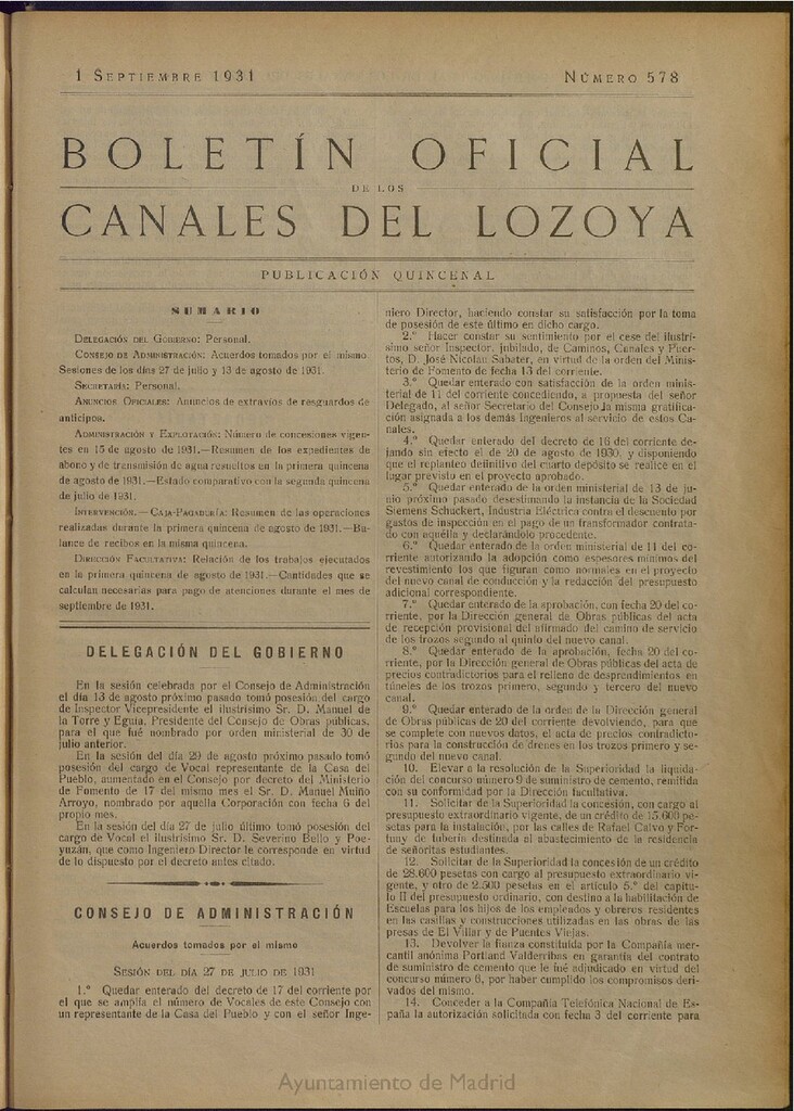 Miniatura de Boletín Oficial de los Canales del Lozoya del 1 de septiembre de 1931, nº 578