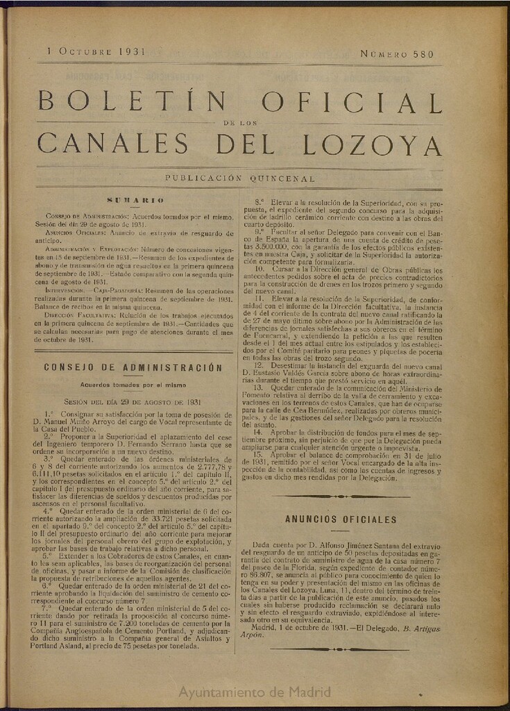 Miniatura de Boletín Oficial de los Canales del Lozoya del 1 de octubre de 1931, nº 580