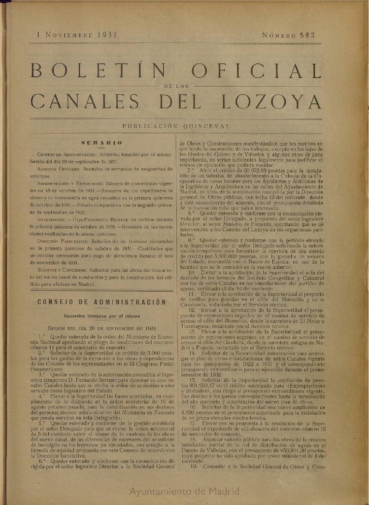 Miniatura de Boletín Oficial de los Canales del Lozoya del 1 de noviembre de 1931, nº 582