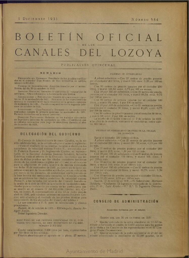 Miniatura de Boletín Oficial de los Canales del Lozoya del 1 de diciembre de 1931, nº 584