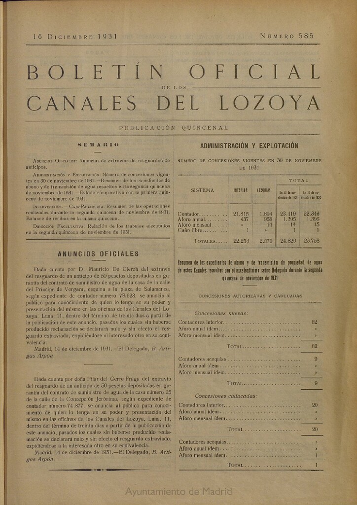 Miniatura de Boletín Oficial de los Canales del Lozoya del 16 de diciembre de 1931, nº 585