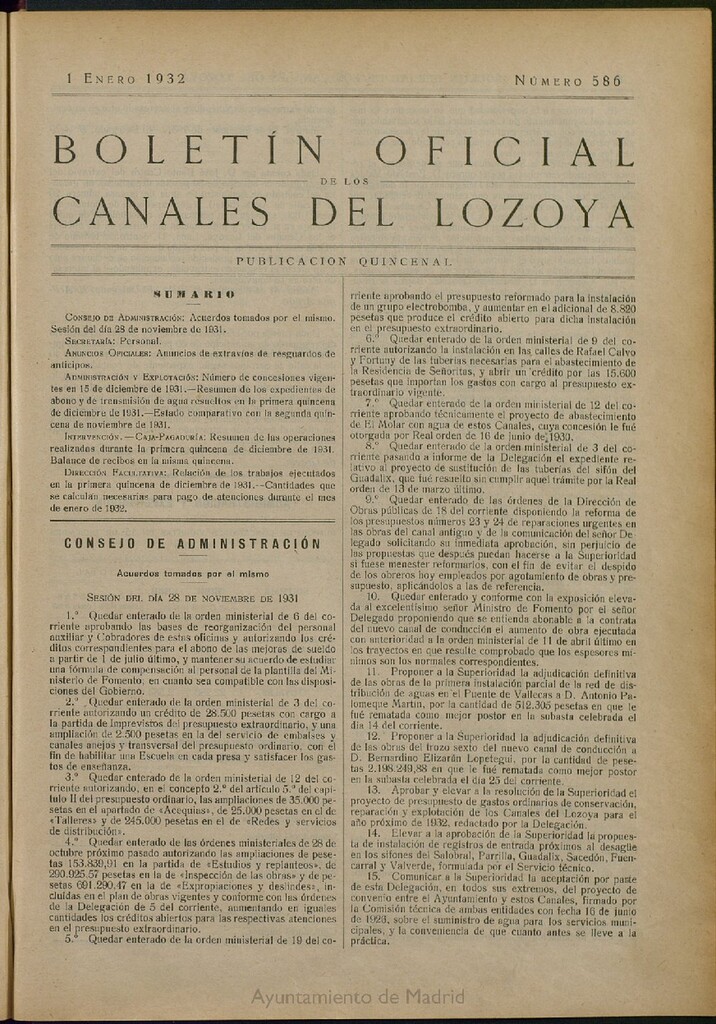Miniatura de Boletín Oficial de los Canales del Lozoya del 1 de enero de 1932, nº 586