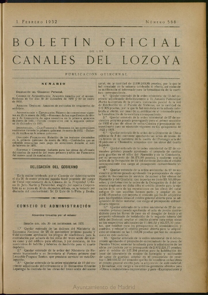 Miniatura de Boletín Oficial de los Canales del Lozoya del 1 de febrero de 1932, nº 588