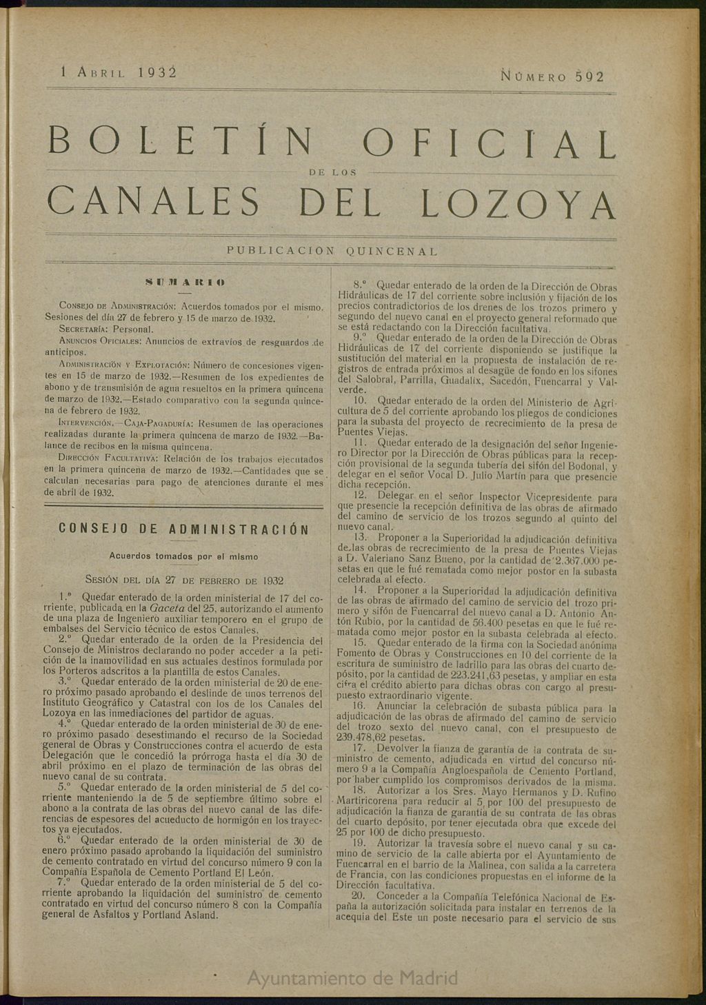 Miniatura de Boletín Oficial de los Canales del Lozoya del 1 de abril de 1932, nº 592