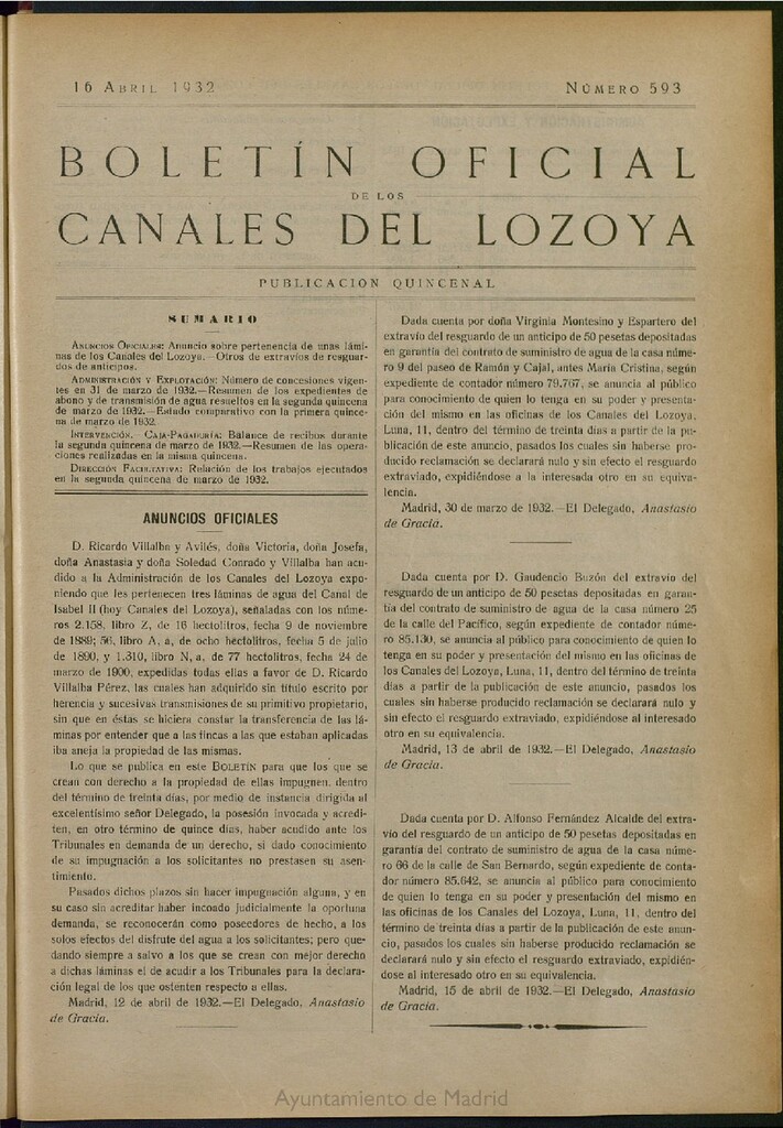 Miniatura de Boletín Oficial de los Canales del Lozoya del 16 de abril de 1932, nº 593