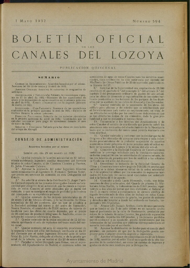 Miniatura de Boletín Oficial de los Canales del Lozoya del 1 de mayo de 1932, nº 594