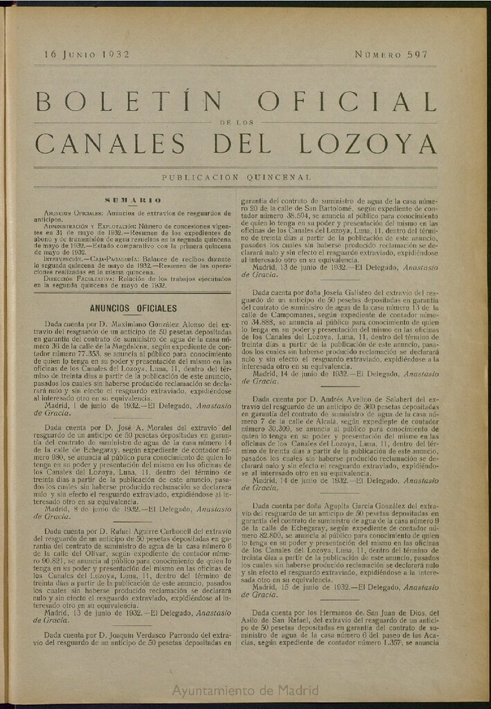 Miniatura de Boletín Oficial de los Canales del Lozoya del 16 de junio de 1932, nº 597
